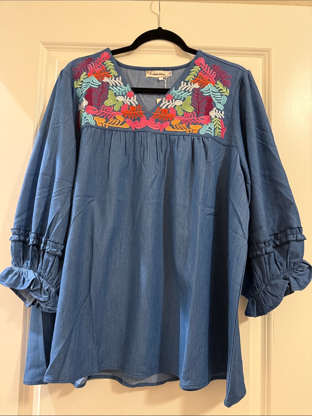 Southern Stitch Embroidered Chambray Peasant Blouse - Denim Blue